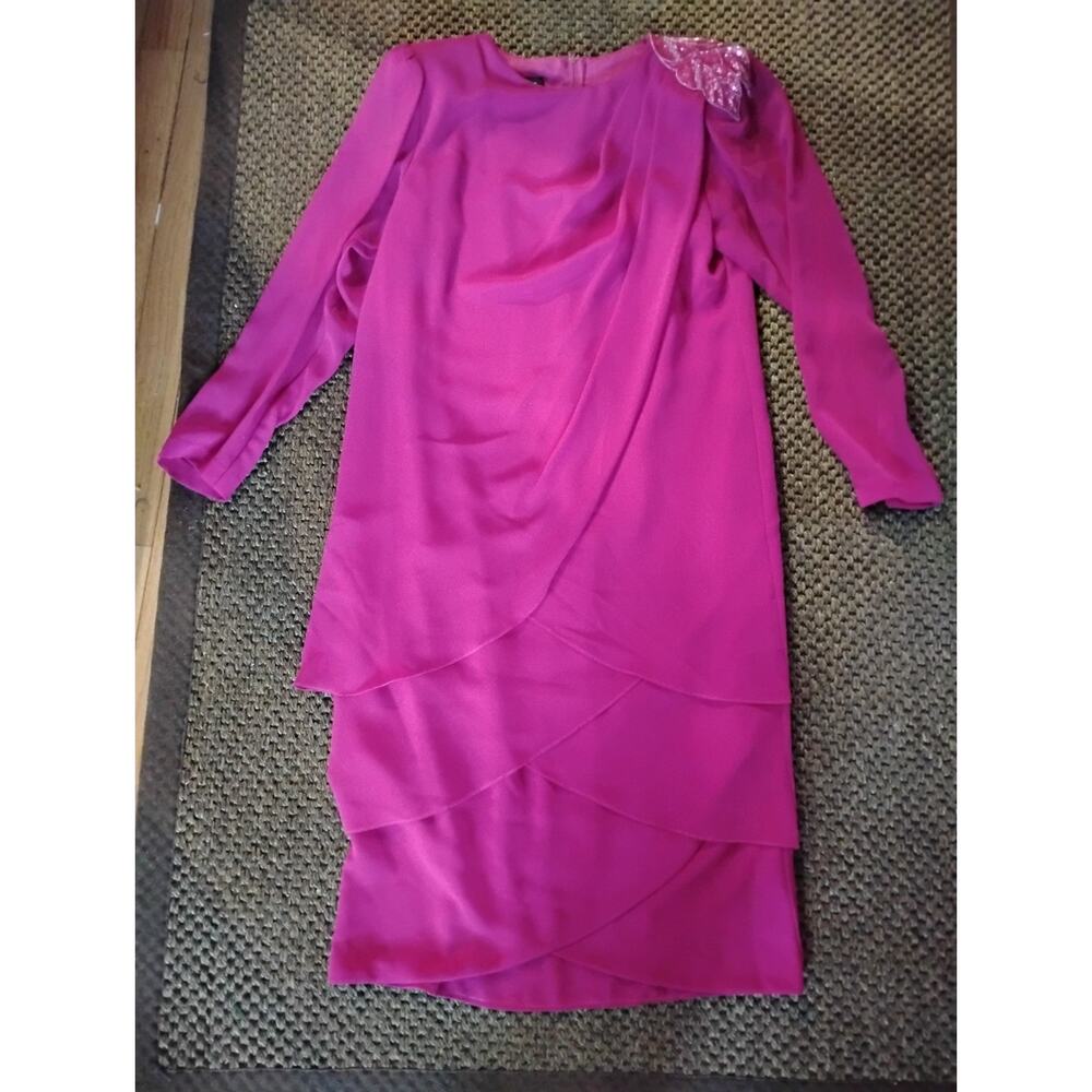 1980s? Women's Ursula Poly Pink Dress Beaded Leaf Long Sleeve Formal Size 8